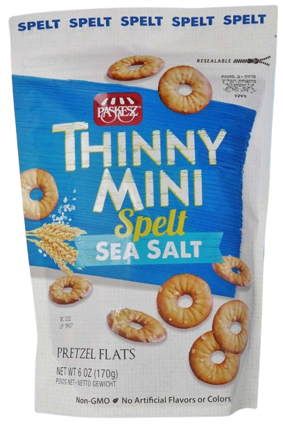 KOSHER THINNY MINI 100% SPELT PRETZEL FLAT SEA SALT 170 GR.