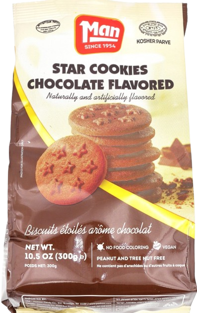 kosher chocolate-flavored cookies by MAN. Crunchy and fun, perfect for kids’ snacks. 300g pack of sweet chocolate goodness.